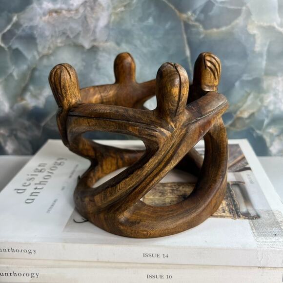 Abstract Handcarved Candle Holder Wooden Circle of Friends 5" Tall - Picture 3 of 12